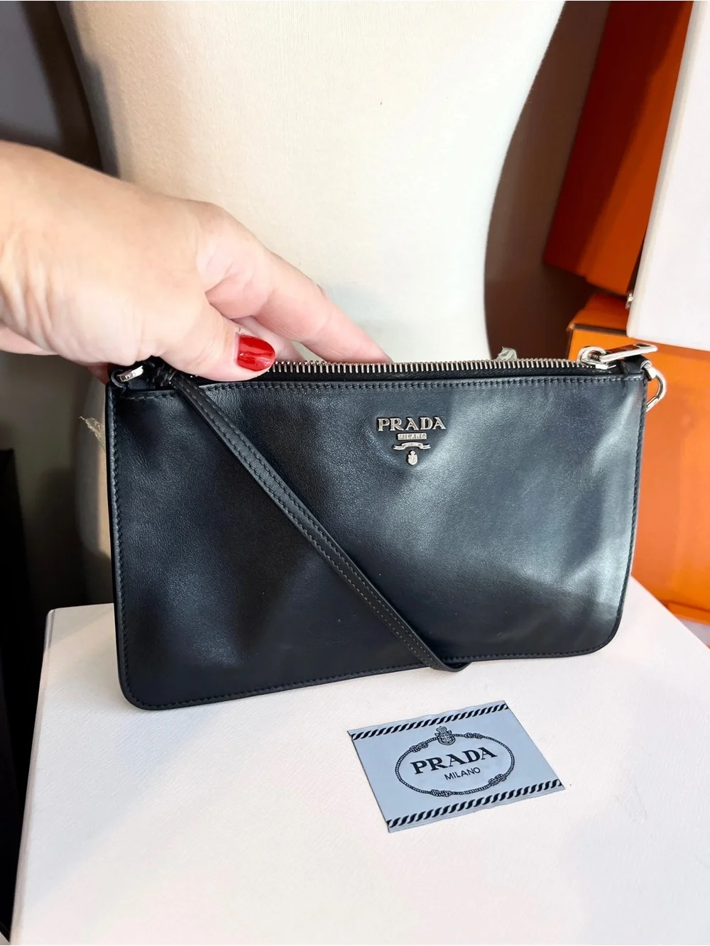Prada Black & Silver Leather wristlet/pouch beige suede inside. 🌟Offers welcome!